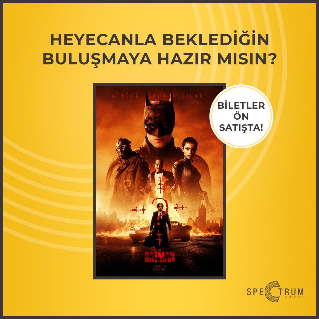 Heyecanla beklediğin buluşmaya hazır mısın? ✨Batman filmi, 4 Mart’ta Spectrum’da vizyonda. 🎬

📌 Biletler Ön Satışta!

#SpectrumSinema #Sinema #FilmKaldığıYerdenDevamEdiyor #Film #VizyonFilmleri #SinemaKeyfi #FilmKeyfi #Batman