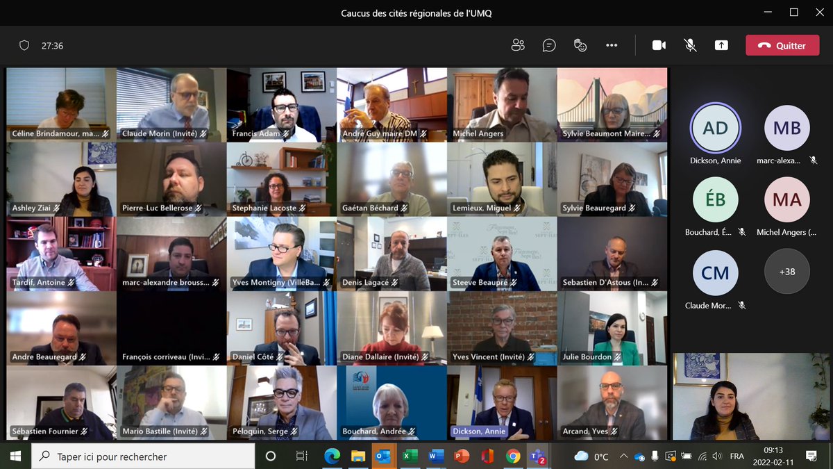 Réunion virtuelle productive ce matin pour le Caucus des cités régionales de l'#UMQ:

✅Discussion avec le ministre <a href="/JeanBoulet10/">Jean Boulet</a> sur la pénurie de main-d'œuvre
✅ Consultation du président <a href="/DanielCoteGaspe/">Daniel Côté</a> sur la planification stratégique 2022-2026 de l'Union

#polqc #polmun