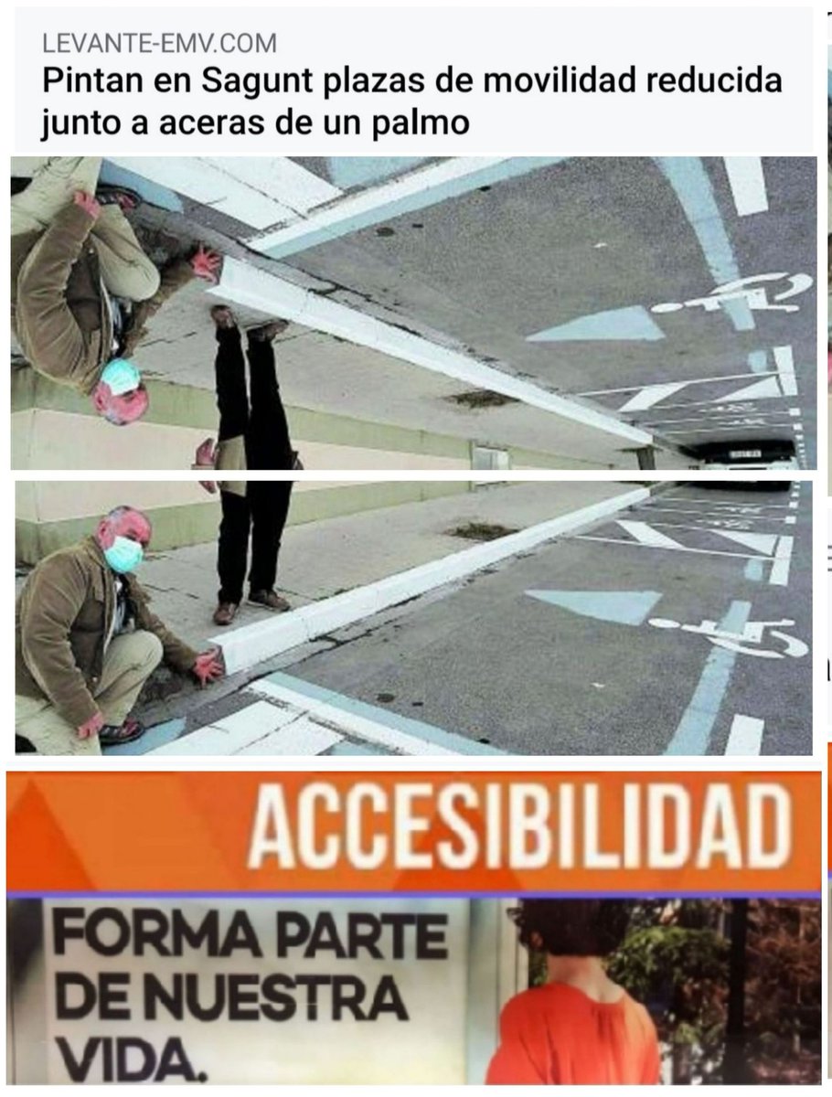 RedProy_Social's tweet photo. Pintan en Sagunt plazas de movilidad reducida junto a aceras de palmo.  @levante_emv
👉Increíble.😡primero se hace accesible y luego se pintan #DejadeDarleVueltas #comprometete con la #accesibilidad @CERMICV @dicaticUPV @COCEMFEValencia #Noledesmasvueltas https://t.co/dzsI08yPoq https://t.co/CqAMkoklYn