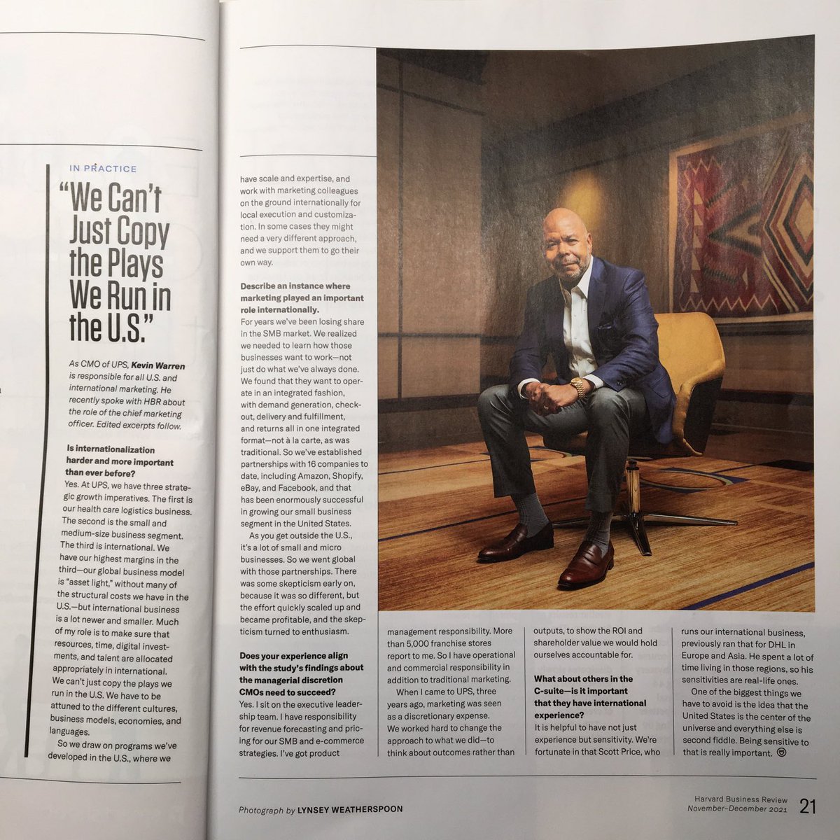 ProfessorBoylen's tweet photo. Great interview with Kevin Warren ⁦@UPS⁩ . He discusses changes UPS made to increase revenue in the international market. He had me at “customization”! 
If you have an HBR subscription you can find it in the November-December 2021 issue.
#International #Marketing https://t.co/0tZG27TGCm