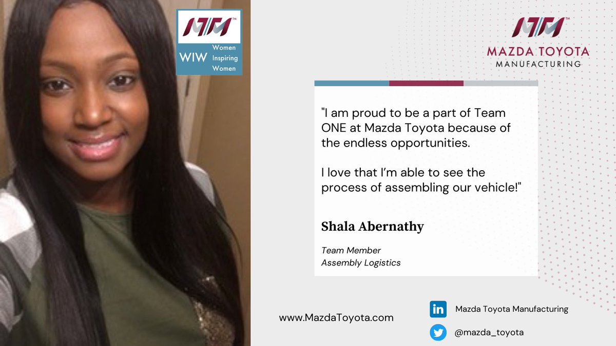 Say hello to MTM and WIW team member, Shala. She works in Assembly Logistics, playing a crucial role in parts delivery and conveyance.
Shala's daily motivation is to provide for her family, and says her mother is her role model.
We appreciate all you do for the MTM Team, Shala!
