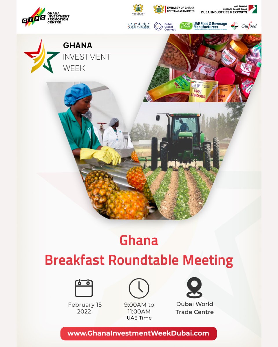 Ghana Investment Promotion Centre (@gipcghana) on Twitter photo GIPC, together with Ghana’s <a href="/motigovgh/">Ministry of Trade and Industry</a> and Ghana’s Embassy in the UAE, will be hosting a Breakfast Roundtable Meeting as part of the Ghana Investment Week in #Dubai. You can participate virtually or in-person by registering here:
ghanainvestmentweekdubai.com
#GhanaInvestmentWeek GIPC, together with Ghana’s <a href="/motigovgh/">Ministry of Trade and Industry</a> and Ghana’s Embassy in the UAE, will be hosting a Breakfast Roundtable Meeting as part of the Ghana Investment Week in #Dubai. You can participate virtually or in-person by registering here:
ghanainvestmentweekdubai.com
#GhanaInvestmentWeek