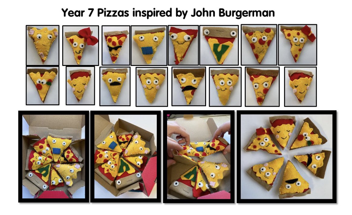 SummerhillSch's tweet photo. Outstanding work by our Year 7 students in Textiles. Pizza characters inspired by the work of English artist John Burgerman #privilegetosee #summerhillsuccess @jonburgerman https://t.co/YVArHhkmh3