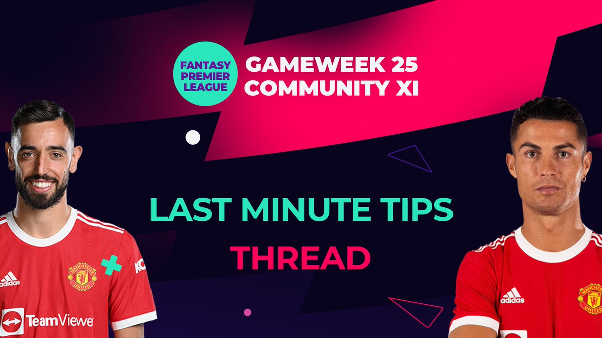 HollyShand's tweet image. ⏰ LAST MINUTE TIPS ⏰

#FF to the DGW25 Community XI with their advice ahead of the deadline...

📆 @BenCrellin
🥳 @FPLFrasier
📺 @_fpltips
🧢 @ChrisTanFPL
🎲 @BigManBakar
🎙️ @Lateriser12
🐺 @FPL_Harry
🧵 @CORF_FPL
🧩 @Hibbo_FPL
🔢 @FPL_Salah
🤕 @BenDinnery

{THREAD} #FPL