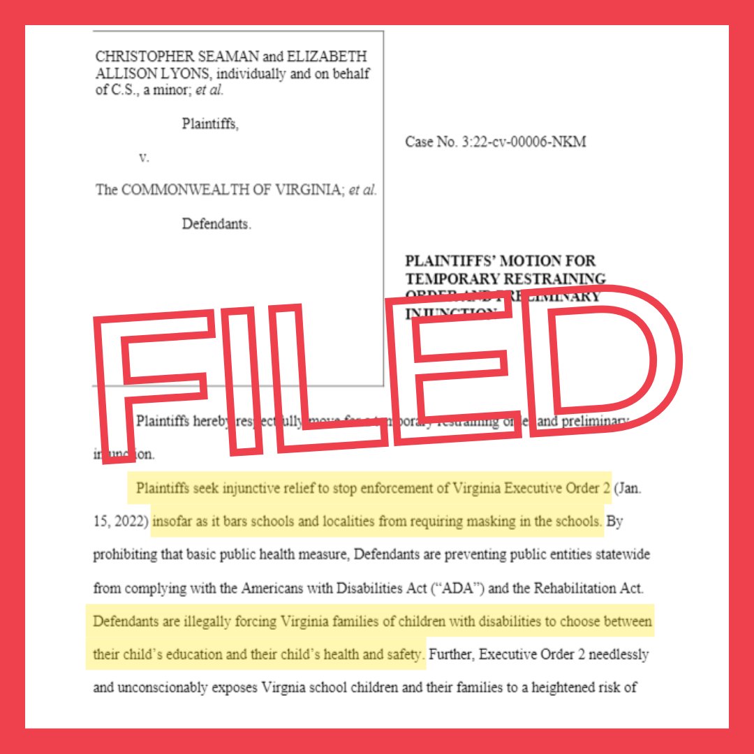 ACLUVA's tweet image. BREAKING: Parents of 12 immunocompromised children are asking the court to immediately stop the Youngkin administration from lifting the mask mandate in ALL school districts.
Schools should be able to maintain their masking requirements & keep ALL of their students safe.