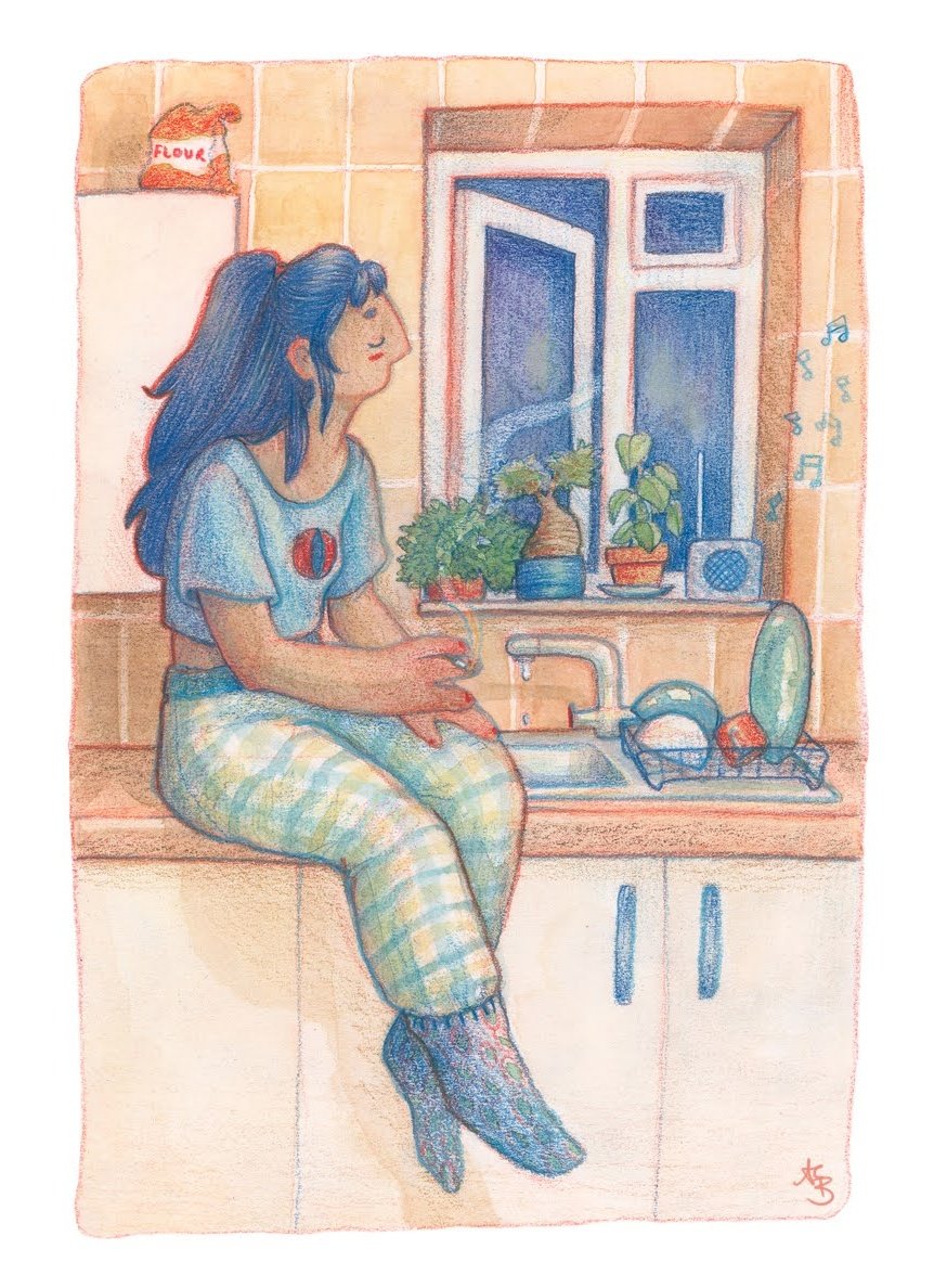 AmyBrownleeDraw's tweet photo. Home, submitted for the #WorldIllustrationAwards. Created after chatting with my flatmate in the kitchen after work, this painting is inspired by my home in north London, where i have lived since moving here in 2019.  @theaoi @dirillustration #WIA2022 #WorldIllustrationAwards https://t.co/UC8zsMWhpU