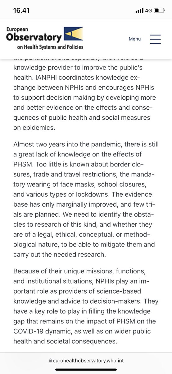 1/2 Thoughts on the role of role of national public health institutes in providing knowledge during the pandemic. NPHIs should play a key role providing scientific advice with the required independence from political pressure. Also to note our major data gaps on mesures.