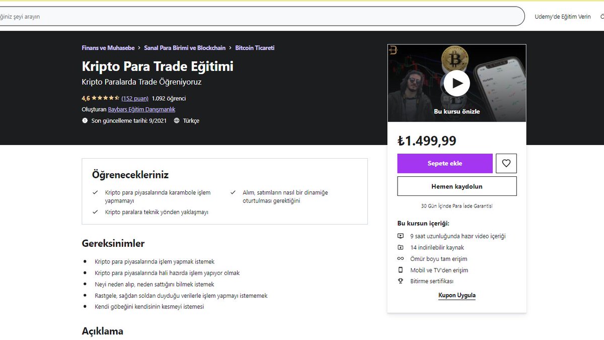 5 kişiye Udemy Kripto Para Trade Eğitimimi hediye edeceğim. ( Başlangıç - Orta düzey ) 

Şartlar :
- @ibrahimbdemirci takip et
- RT + Like
- 2 arkadaşını etiketle

Sonuçları pazar akşamı açıklarım. 
 
#Giveaways #btc #kriptopara