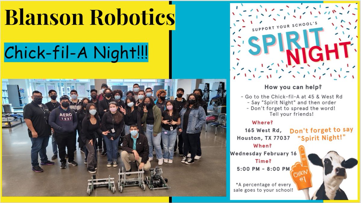 BlansonCTEHS's tweet photo. What's for dinner? Chick-fil-A! 
Support Blanson Robotics
Wed., Feb. 16th  from 5pm to 8pm.
#BlansonBold #BlansonGold #BlansonProud #BlansonReady  #MakeItMatterMakeItHappen 
@BenIbarraCTE @AldineISD @AldineCTE @BlansonCTE_LMC 
@BlansonYearbook @BlansonRobotics https://t.co/plum2DJUe6