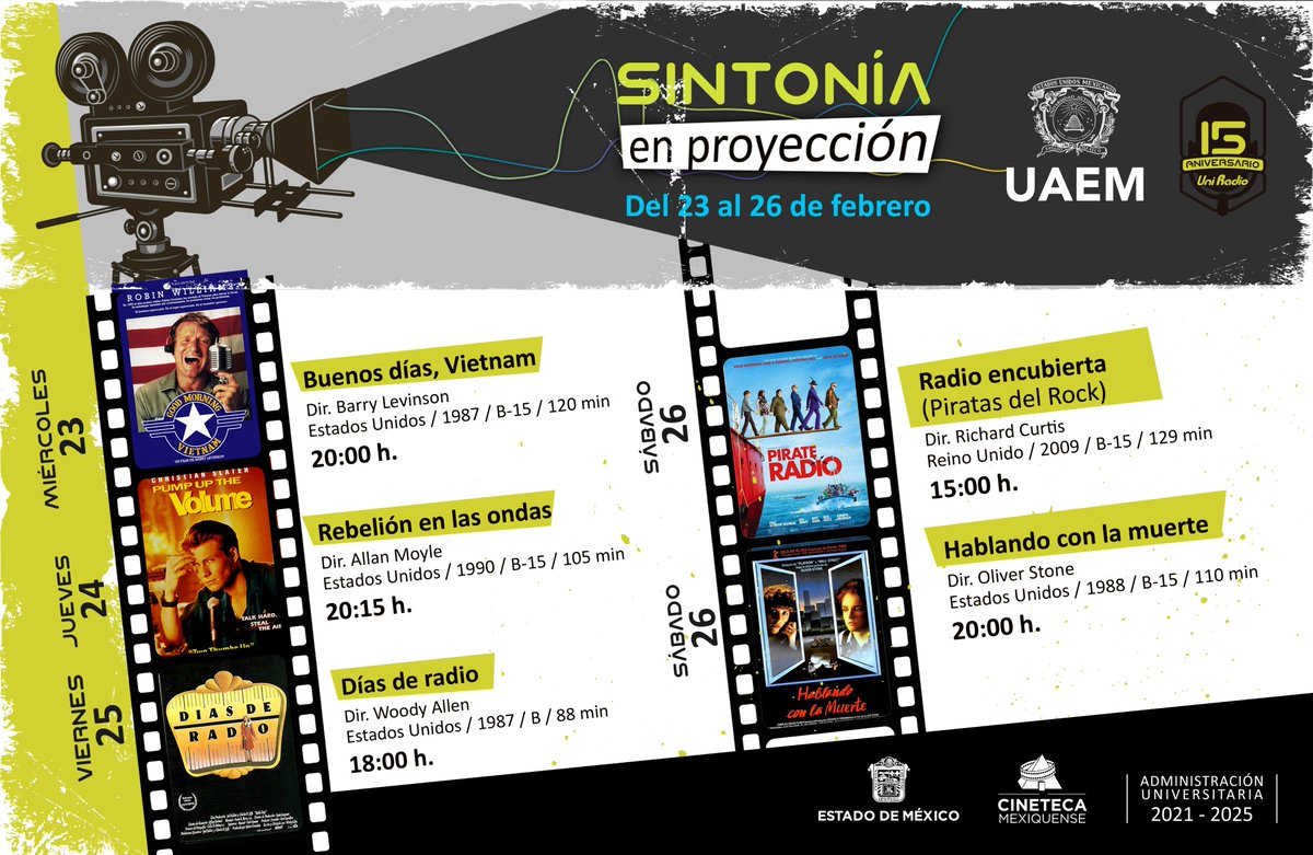 📻Porque la radio no solo se escucha, te invitamos a celebrar nuestro #15Aniversario con el ciclo de cine #SintoníaEnProyección 🎥 en la <a href="/CinetecaEdomex/">Cineteca Mexiquense</a> del 23 al 26 de febrero.

¡Acompáñanos en este festejo! 😀🥳🎉

#LaSeñalQueSigue
#SomosUAEMéx 💚💛