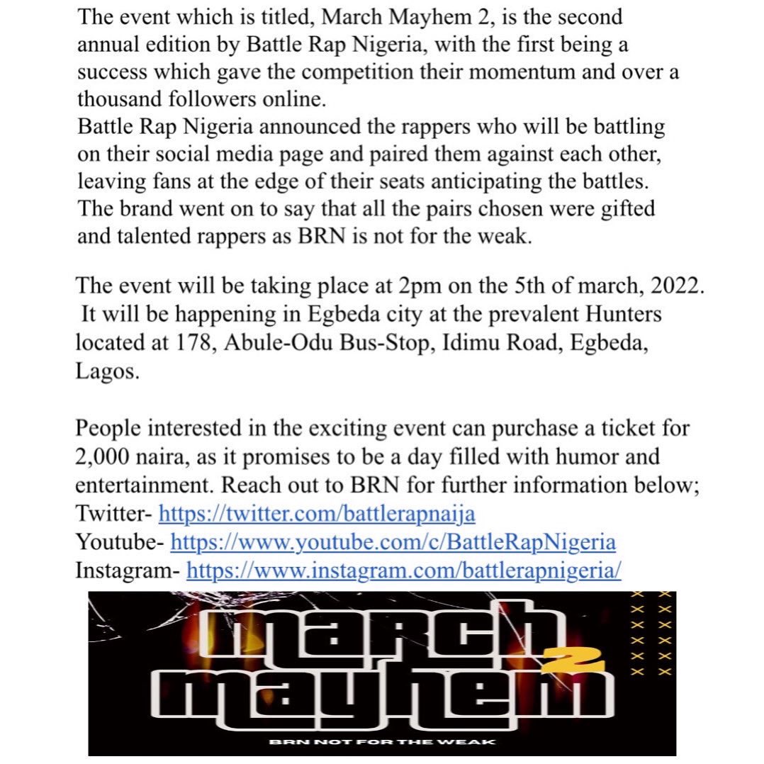 March Mayhem 2 official press release #battlerapnigeria #Marchmayhem2