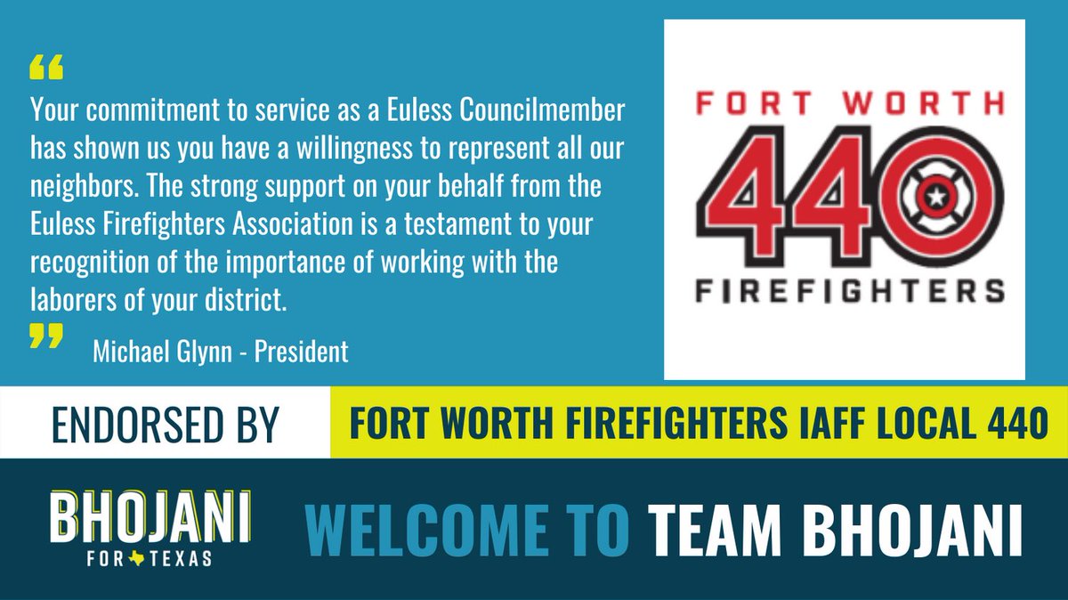 SalmanBhojaniTX's tweet photo. Honored to be endorsed by the Fort Worth Professional Firefighters Local 440! We need a strong advocate for public servants and organized labor, and I’m ready to get to work fighting for them in Austin. Welcome to #TeamBhojani!

#BhojaniForTexas #HD92 #Flip92 https://t.co/SiKsrrQI27