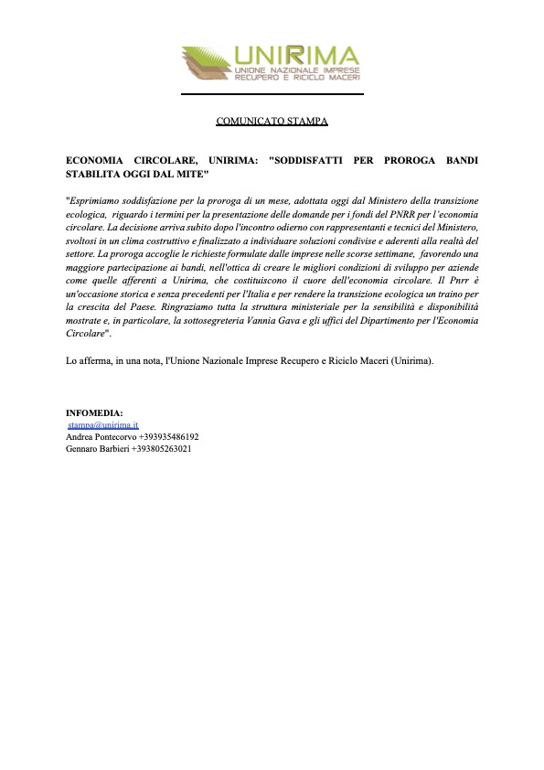 Unirima1's tweet image. ECONOMIA CIRCOLARE, #UNIRIMA: "SODDISFATTI PER PROROGA BANDI STABILITA OGGI DAL MITE"

Il comunicato stampa di @Unirima1