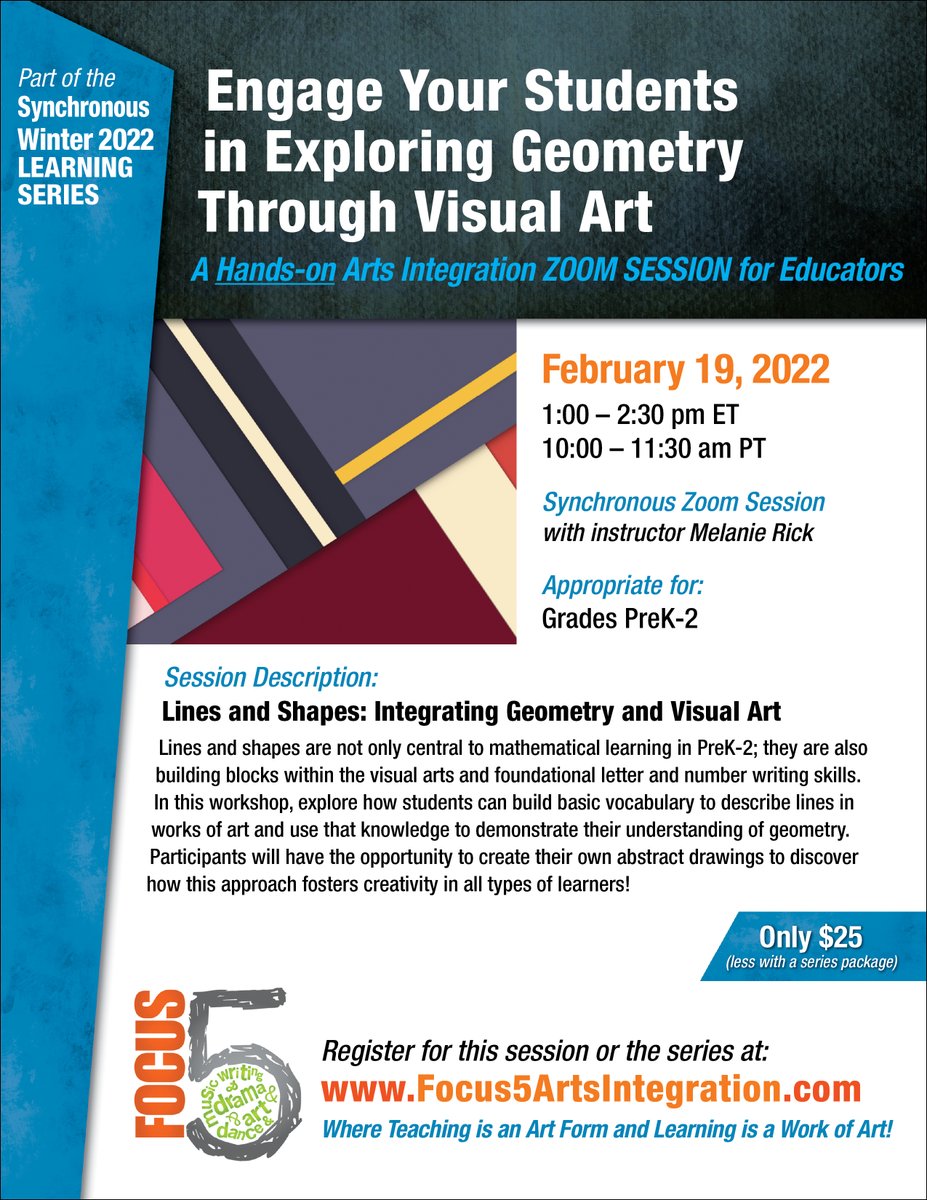 SAVE THE DATE: Sat. Feb 19 -- Engage Your Students in Exploring GEOMETRY Through Visual Art [An Enlightening Hands-on #Arts Integration ZOOM Session for #Educators]! Use lines and shapes to integrate #geometry and visual #art! Synchronous session ONLY $25: artsintegrationconsulting.com/online-synch-s…
