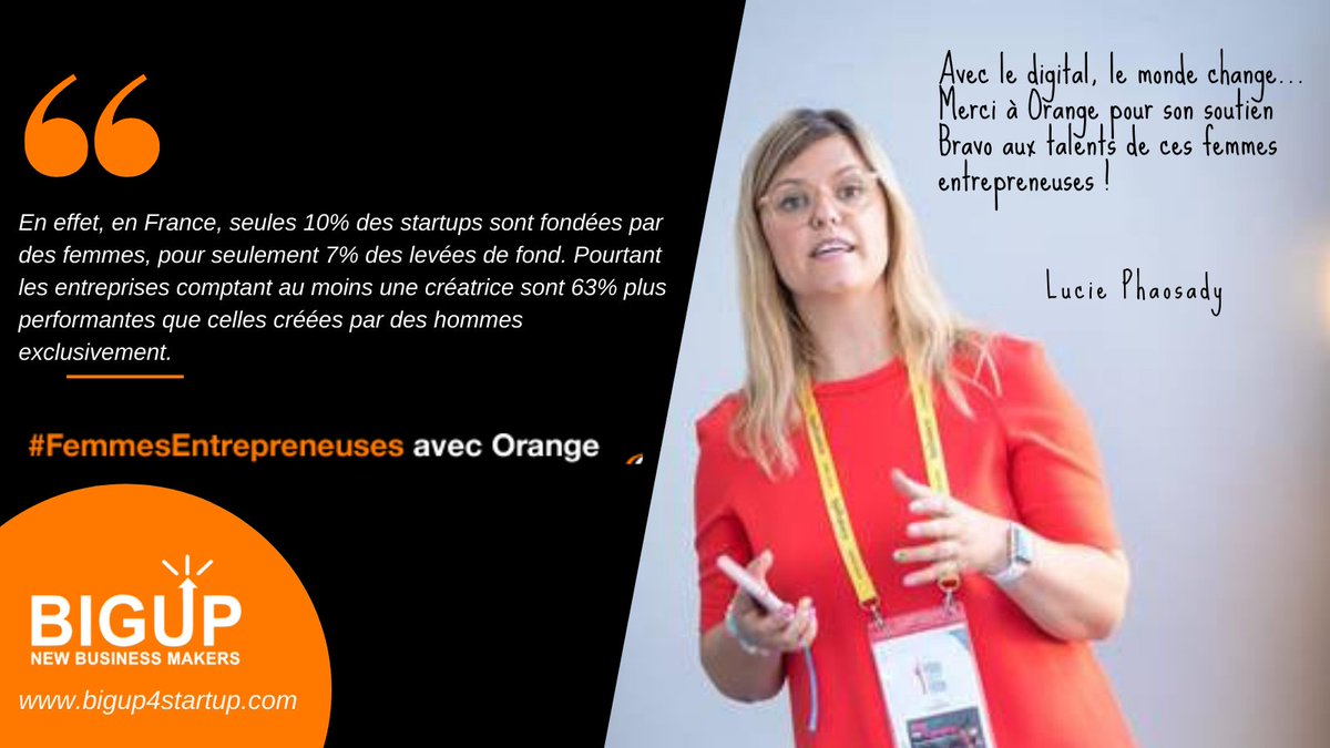 Let's go #FemmesEntrepreneuses saison 4. 
Fière d'intégrer le programme d'<a href="/Orange_France/">Orange France</a> qui soutient et accompagne 100 #startups innovantes dont <a href="/Big4Start/">BigUp New Business Makers ♦️</a>. Avec le #digital, le monde change. Chacun de nous peut faire bouger les lignes ! #entreprendreauféminin #Occitanie