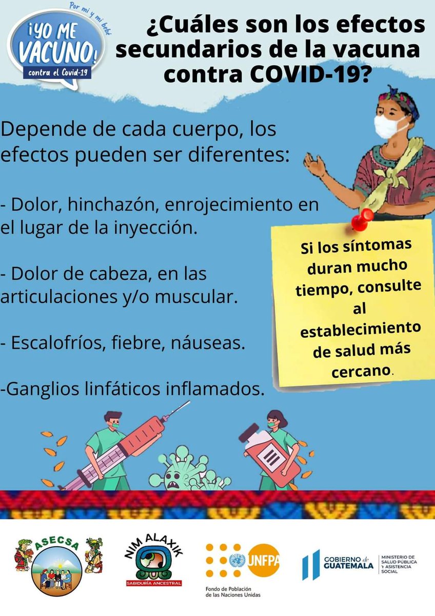 ¿Qué son las vacunas contra COVID19?
¿Cuáles son los efectos secundarios de la vacuna contra COVID19?

#YoMeVacuno #NimAlaxik

@UNFPAGuatemala
@AsecsaG
@MinSaludGuate