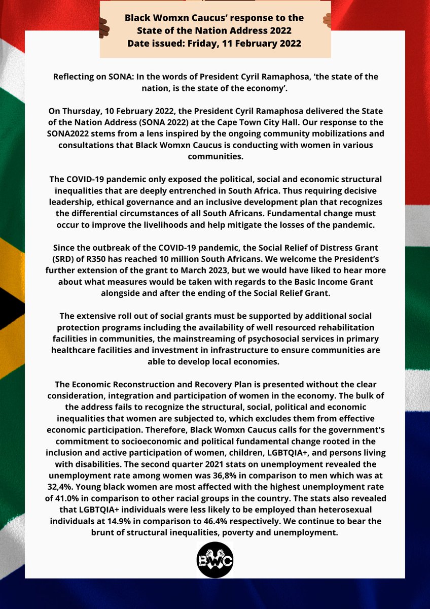 BWC_ingwe's tweet photo. [MUST READ]
Black Womxn Caucus’ response to the State of the Nation Address 2022

Date issued: Friday, 11 February 2022

#SONA2022
#OrganizingForSurvival
#FundTheFight
#OperationLetsaPhala
#ForTeensOnly https://t.co/2HR0tTDww9