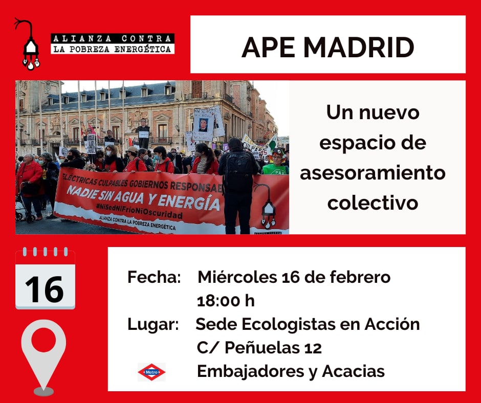 ApeMadrid's tweet photo. Somos un nuevo espacio de apoyo mutuo en Madrid y defendemos
1) No a los cortes de luz, agua o gas
2) Derecho a la Energía
3) Tarifa social 
Por unos #SuministrosBásicos garantizados https://t.co/nsZLsMkQGW