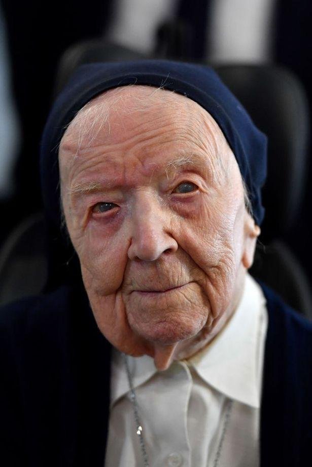 FrMatthewLC's tweet photo. Europe's oldest person &amp; the world's 2nd-oldest person is a Catholic sister, Sr. Andre. She turns 118 today. #HappyBirthday! https://t.co/DLWM4COsiR