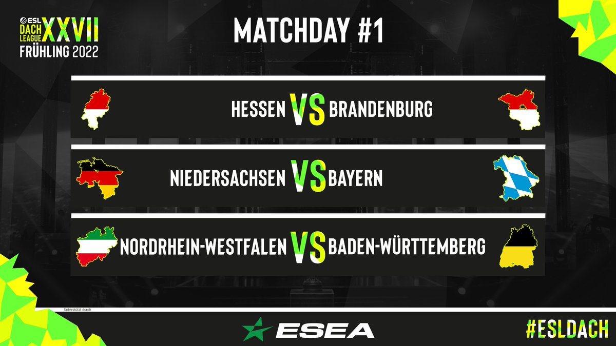 Heute stehen diese Begegnungen in der #ESLDACH League XXVII an:

⏰ 20:00 Uhr
🇩🇪 <a href="/HessenCSGO/">TeamHessenCS2</a> 🆚 <a href="/BrandenburgCSGO/">TeamBrandenburg</a>
 🇩🇪
📺 twitch.tv/anaty_official

⏰ 19:00 Uhr
🇩🇪 <a href="/NiedersachsenCS/">Team Niedersachsen</a> 🆚 <a href="/TeamBayernCSGO/">Team Bayern</a> 🇩🇪

⏰ 19:00 Uhr
🇩🇪 NRW 🆚 <a href="/wurttembergcsgo/">Baden-Württemberg</a> 🇩🇪
📺 twitch.tv/frodographie