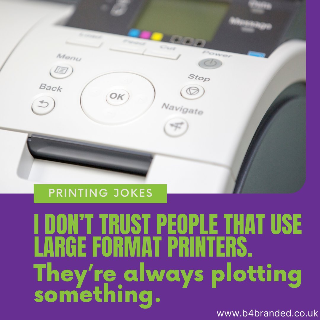 B4_Branded's tweet photo. I don’t trust people that use large format printers. They’re always plotting something.

@B4BrandedDesign
Specialise in Printing Garments, Merchandise &amp; Design for Martial Arts Clubs
Call 020 3995 5550

#b4branded #print #screenprinting #clothing #workwear https://t.co/Lslxzb9G9a