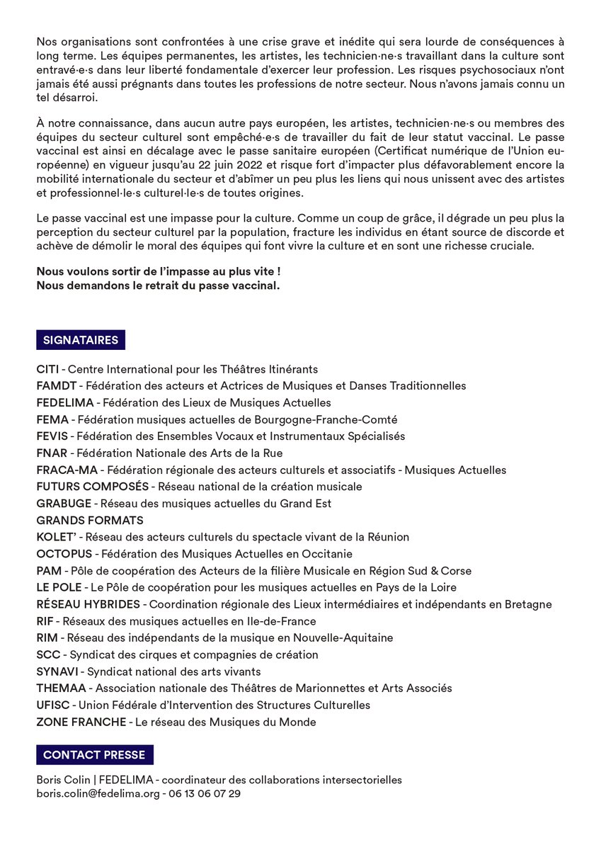 <a href="/FutursComposes/">FutursComposés</a> s'associe, signe et relaie le communiqué de presse réclamant le retrait du pass vaccinal qui représente une réelle impasse pour le secteur culturel.
> Téléchargez le cp : bit.ly/33dlowi
#fedelima #passvaccinal #culture #musique