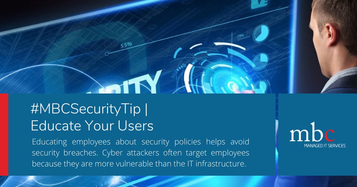 MBCManagedIT's tweet image. MBC Security Tip: Educate Your Users. Educating employees about security policies helps avoid security breaches. Cyber attackers often target employees because they are more vulnerable than the IT infrastructure.
mbccs.com/it-business-so… #itsecurity #itsecuritybestpractices #itsec