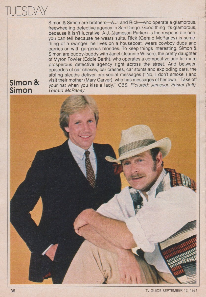 SIMON & SIMON. 1981.

#SimonAndSimon #JamesonParker #GeraldMcRaney #JeannieWilson #EddieBarth #MaryCarver #TVGuide