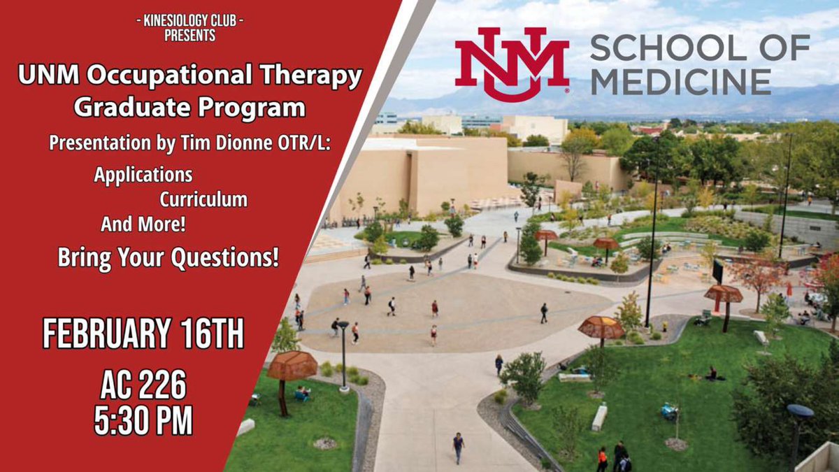 Are you interested in OT? Looking to get some 🔥burning🔥questions answered?? Join us for a presentation hosted by Tim Dionne OTR/L! This is a great opportunity to explore the many avenues that kinesiology brings! Happy Friday! #unm #occupationaltherapy #OT #nmsu #aggies #lobos