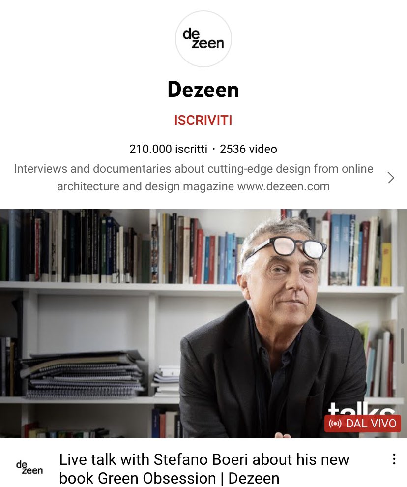 Live now on <a href="/dezeen/">Dezeen</a> w/ <a href="/StefanoBoeri/">stefano boeri</a> and <a href="/marcusfairs/">Marcus Fairs</a> talking about #GreenObsession, the new book of Stefano Boeri Architetti, exploring the relationship between nature and architecture 

➡️ youtu.be/iEP34b3VGaQ