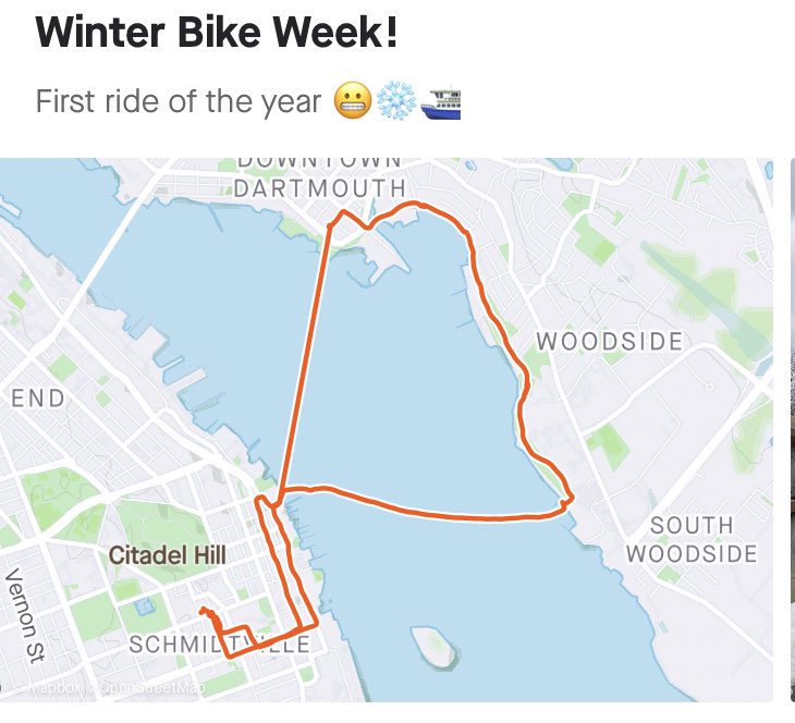 ajcarlyle's tweet photo. Love when I can take a work meeting to go with a super casual ride on the Dartmouth Waterfront. Weather has definitely held up for #winterbikeweek. @IBIKEHFX https://t.co/Yk0vBWEBSW