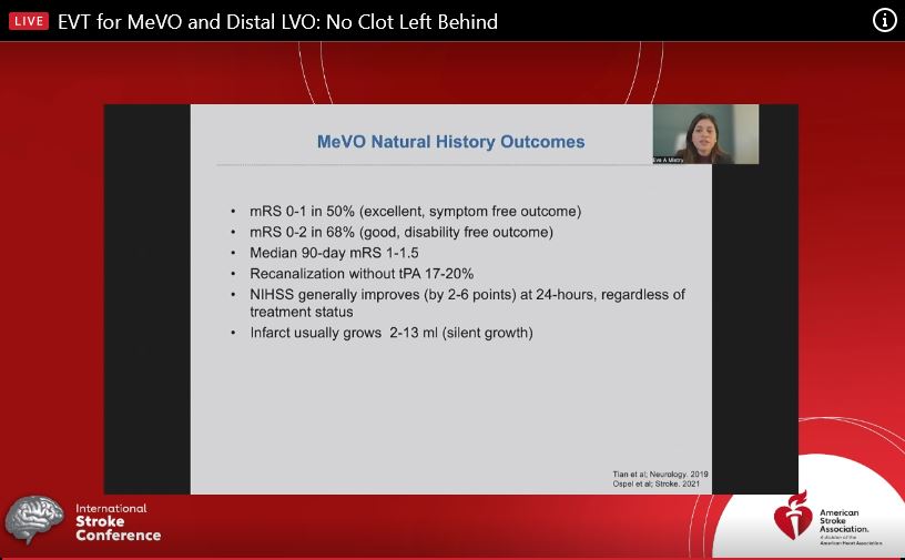 Natural history of #MeVO:

- 10-40% of acute stroke d/t MeVO
- Better than LVO, worse than noVO
- More effectively recanalized with thrombolysis than LVO
- Still, More than 1/3 remain disabled at 90 days

#nostrokeleftbehind #ISC22

<a href="/eva_mistry/">Eva A. Mistry, MBBS, MSCI, FAHA</a> 
<a href="/StrokeAHA_ASA/">Stroke AHA/ASA</a> <a href="/AHAMeetings/">AHAMeetings</a>