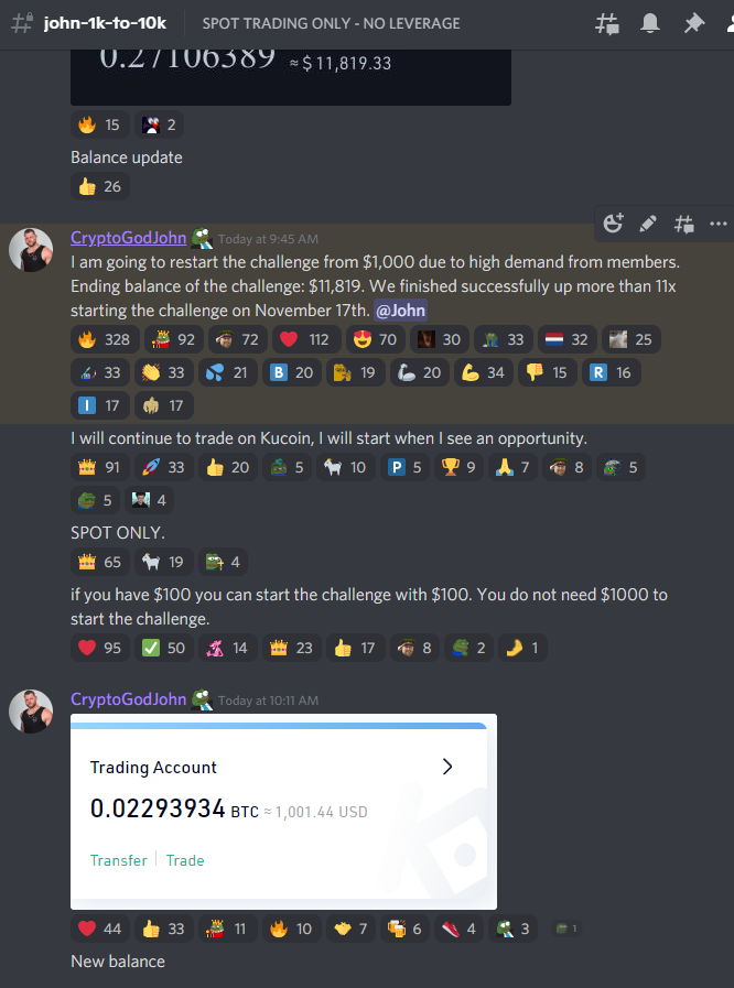CryptoGodJohn's tweet photo. Due to high demand after completing $1k to $10k the first time..

 We are restarting a new challenge from $1k to $10k.

Spot only challenge on Kucoin, all trades logged in @WalshWealthWWG https://t.co/Z3RgYdhKhJ
