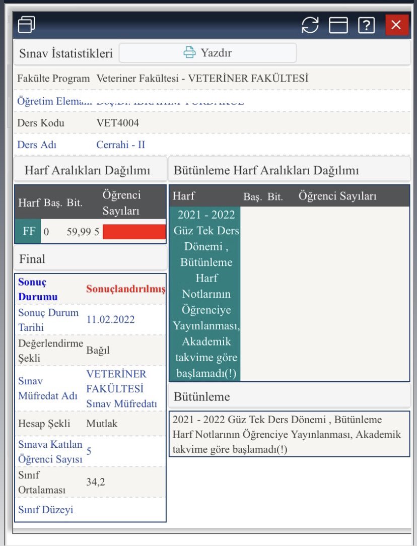 Tebrikler hocam Tek Ders sınavına girmiş 5 kişiyi bırakarak veteriner hekim camiası kurtardınız. Bu 5 kişinin 1 senesini sizin dersinizden önemli değil. Artık huzur içinde uyuyabilirsiniz.