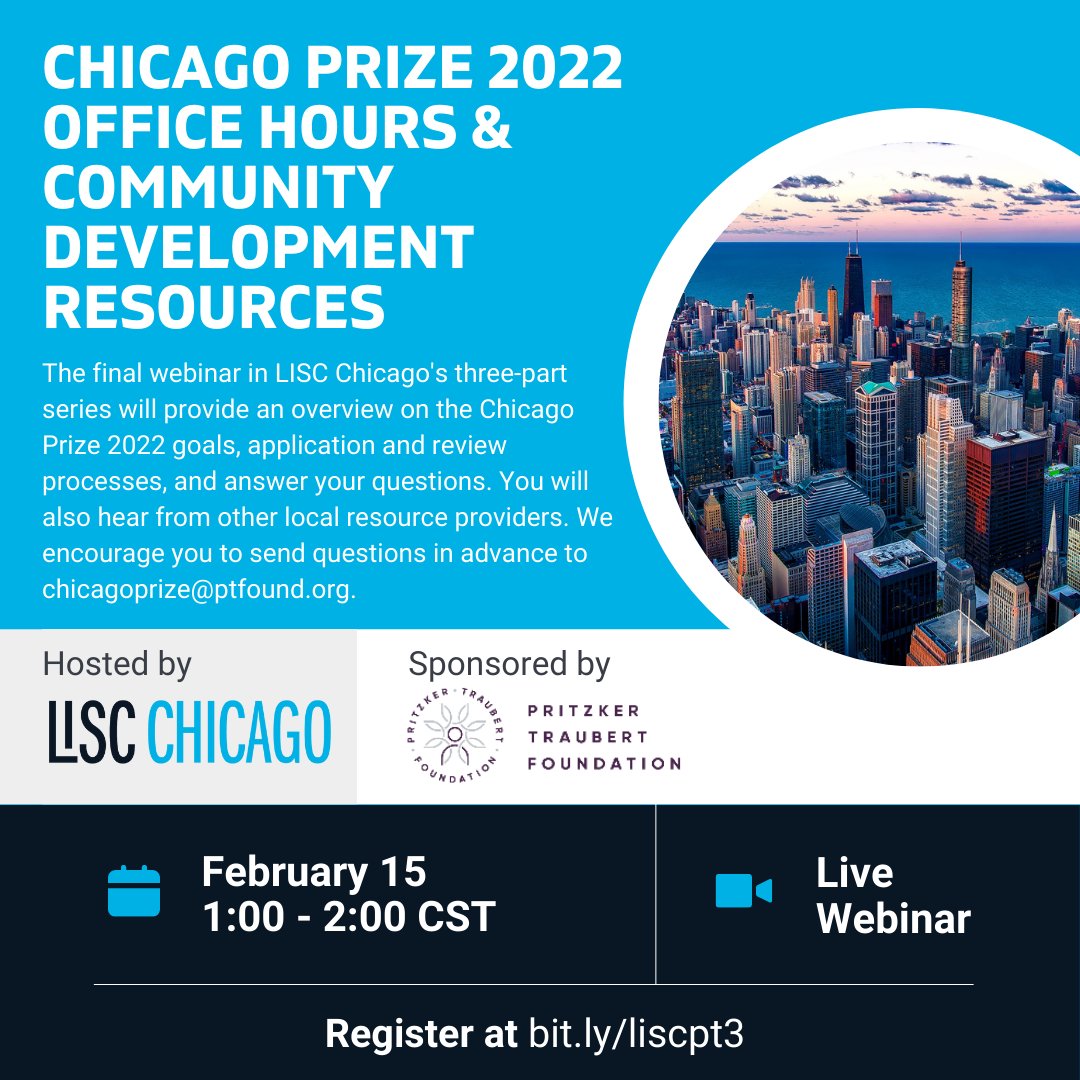Join us next week on 2/15 for the final webinar in 
<a href="/LISCChicago/">LISC Chicago</a>'s  3-part series! We'll answer your #ChicagoPrize2022 questions and highlight other local development resource providers. Register here: lisc-org.zoom.us/webinar/regist…
