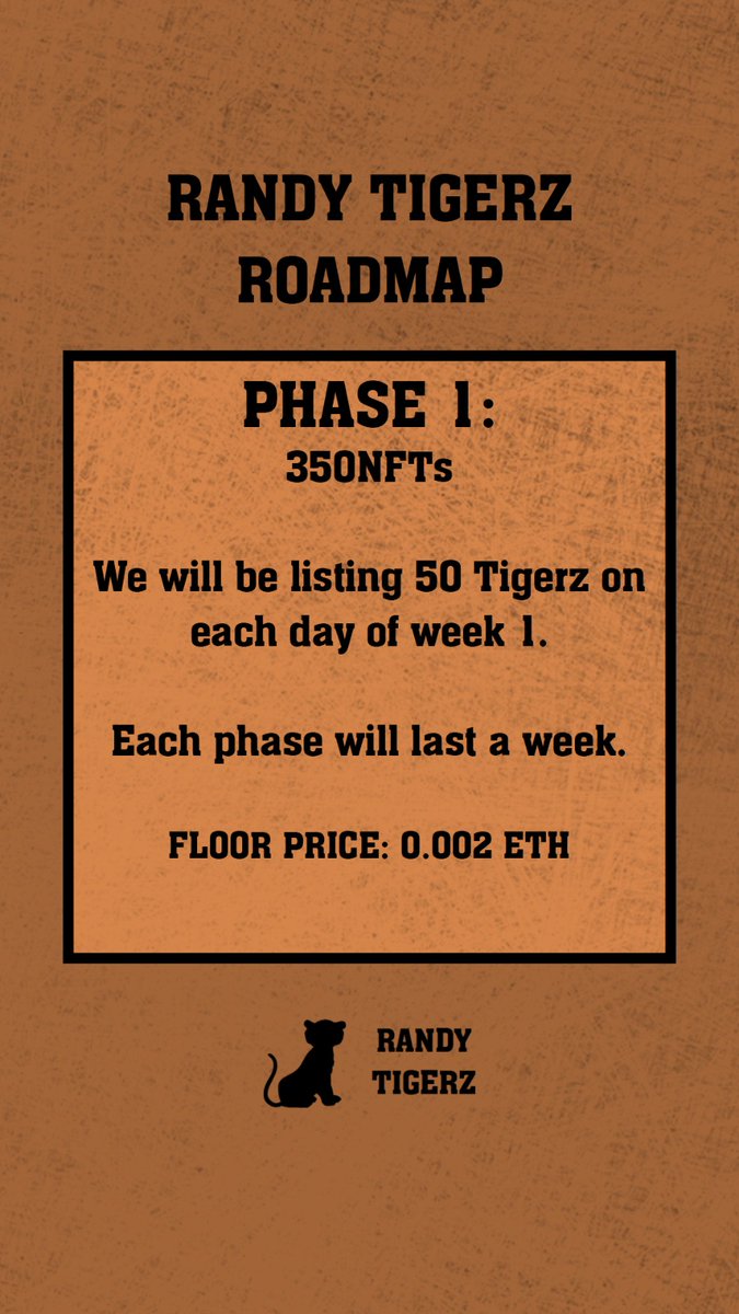 RandyTigerzNFT's tweet photo. We present our roadmap for the phase 1. So excited for the first listing of Randy Tigerz! 🥳🥳

#NFT #NFTGiveaway #NFTCommunity #NFTdrop #NFTshill #nftcollector #NFTGiveaways #NFTartist #NFTartists #NFTProject #opensea #OpenSeaNFT #NFTGame https://t.co/FiUyoQ5rKf