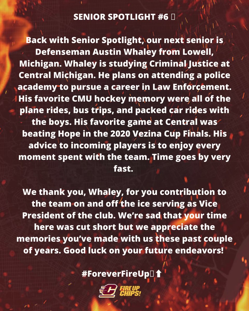 CMUHOCKEYDIII's tweet photo. SENIOR SPOTLIGHT #6 🔦
We thank you, Whaley, for you contribution to the team on and off the ice serving as Vice President of the club. Good luck on your future endeavors!
#ForeverFireUp🔥⬆️ https://t.co/9CxJF9EDxv