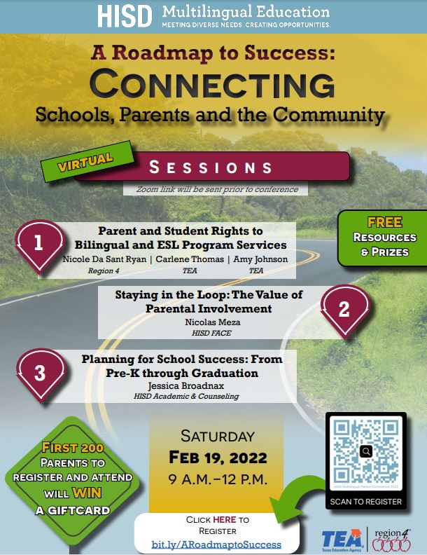 Next Saturday, the @HISDMultiPrgms is hosting “A Roadmap to Success: Connecting Schools, Parents and the Community” virtual event from 9 a.m. to 12 p.m. Learn more: blogs.houstonisd.org/news/2022/02/1…