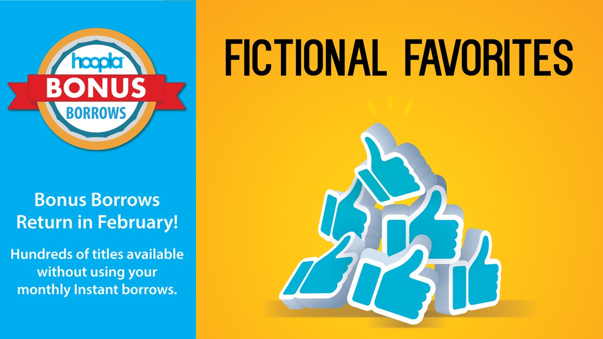 Hoopla bonus borrows are back for the month of February! Select titles marked as bonus borrows will not count towards your checkout limit for the month. All you need is a Brighton District Library card!

Visit the link below to get started:
hoopladigital.com