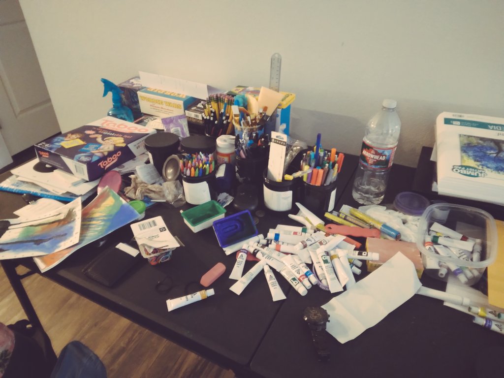 cherrypinkfairy's tweet photo. As a person with no artistic prowess and high anxiety I have to love and appreciate that my other half set up a just-because table dedicated to art and all the wonderful mess that comes along! ❤🧡💛💚💙💜🤎🖤 https://t.co/hjnCkDUXxP
