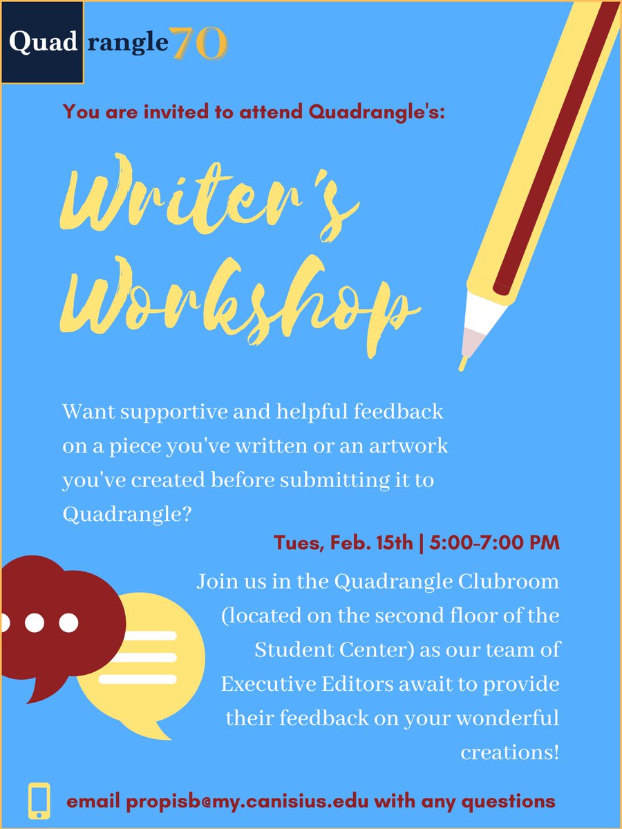 QuadrangleMag's tweet image. Join us in the Quadrangle Clubroom on Tuesday for our Writer’s Workshop!