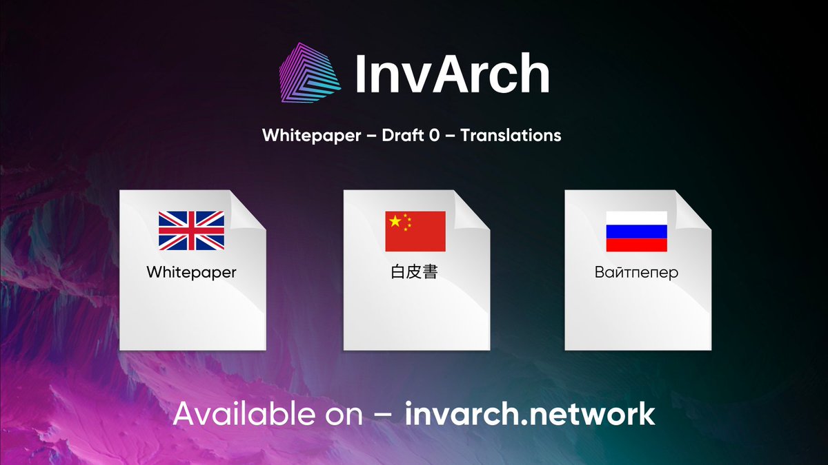 All 3 Versions of the InvArch Whitepaper – now available! 👀

🇬🇧 English ver. – bit.ly/3sz9khv
🇨🇳 Chinese ver. – bit.ly/3gFyAxe
🇷🇺 Russian ver. – bit.ly/3HMvpQj

(Chinese + Russian translations made possible by <a href="/Qinwen_Wang/">Qinwen Wang</a> &amp; <a href="/PromoTeamPD/">PromoTeam DAO | Web3 | Polkadot | Kusama | HDX</a>, respectively)
