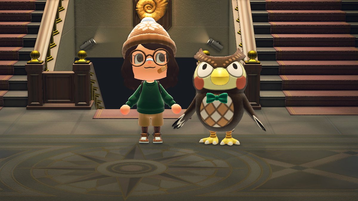 chaoticdeann's tweet photo. Todays ootd was inspired by the feeling the colors green and brown give me which is warmth. I also realized I matched Blathers when I went to visit the museum! I bet you can't tell us apart (jk jk) #newhorizons #aesthetic #blathers #slytherin #AnimalCrossing #ACNH #NintendoSwitch https://t.co/s4Wu91Dl85