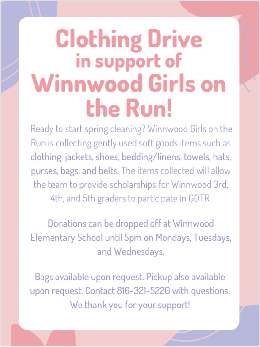 Time to clean out those closets and help our Girls on the Run team!@WinnwoodGOTR <a href="/NKCSchools/">NKC Schools</a> <a href="/leahmmcopeland/">Leah Copeland, Ph.D.</a>