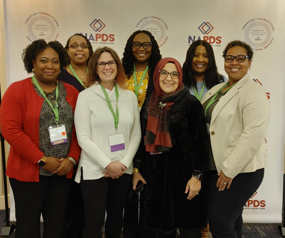 dhopster's tweet photo. So proud. 7 UNF doctoral students, Ebru Bilgili, Lindsay Gallon, Tiffany Green, Nikki Jackson, Jeania Jones, Robin Renelus, and Ellen Wheeler, who presented their research with their K-12 school partners at the 2022 NAPDS conference in Chicago this week. @UNFCOEHS #NAPDS2022 https://t.co/VItdTImSgX
