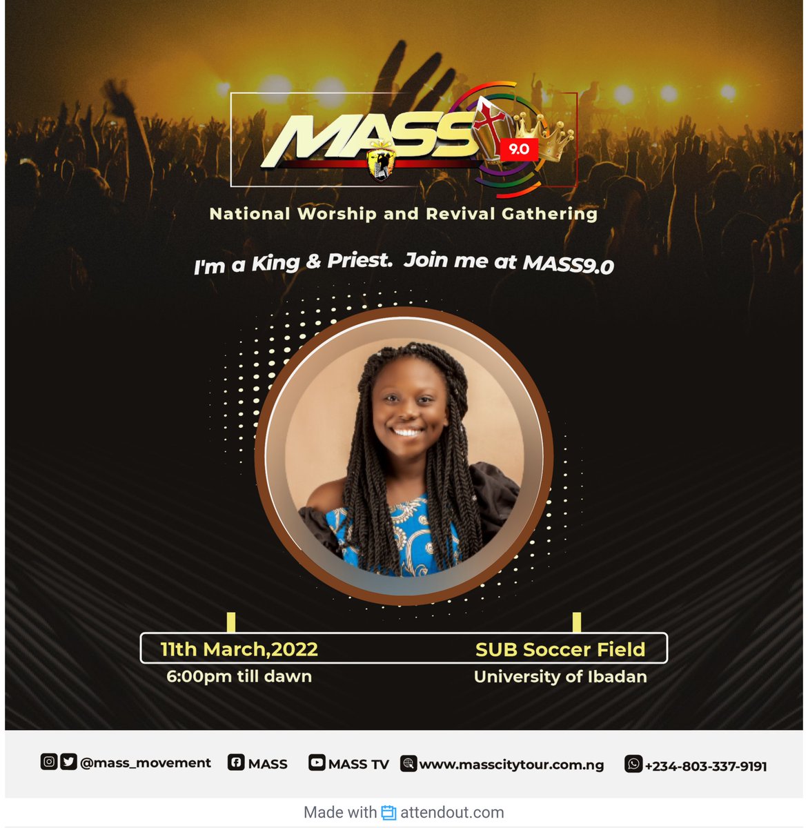 Oluwabunmi0914's tweet photo. MASS is a public Worship &amp; Revival gathering, with attendance drawn from cities &amp; campuses all over Nigeria.

I'M A KING &amp; PRIEST📍

JOIN ME AT MASS9.0

#MASS9
#MassRevival
#KingsAndPriests
#FridayMarch11th2022 https://t.co/Tshf911eMV