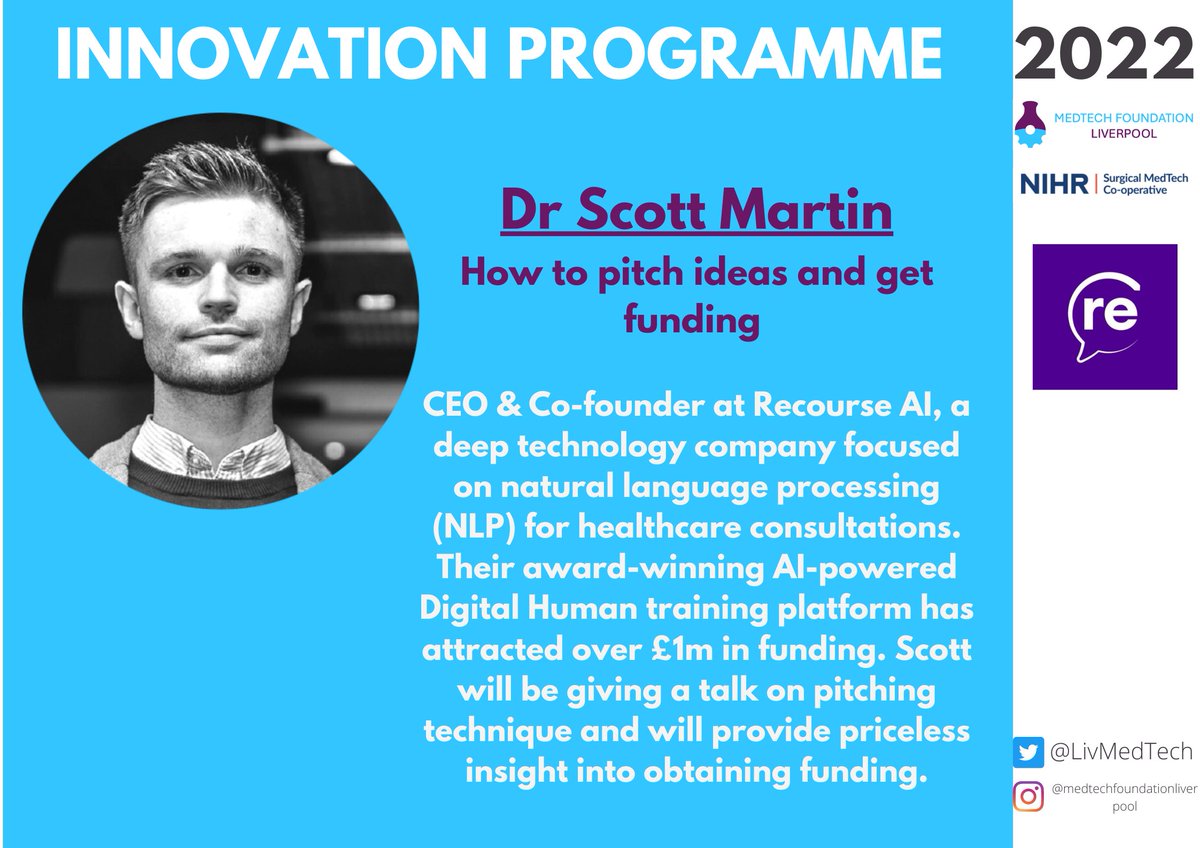 LivMedTech's tweet image. Come and join us on Wednesday where @_Scott_Martin, CEO and Co-founder of @Recourseai will be talking to us about pitching technique and tips on obtaining funding! 

Free to attend, held over zoom and open to all students at Liverpool. 
FB event: fb.me/e/2awkYVnsC