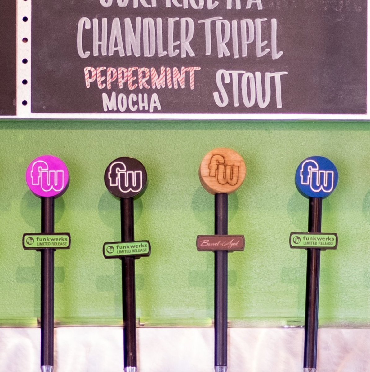 If you own one of our tap handles in the style pictured here and in a bright color (not the plain wood or green ones), please bring it into the taproom by the end of the month and we'll trade you for one of our new tap handles and a $25 Funkwerks gift card.⁠