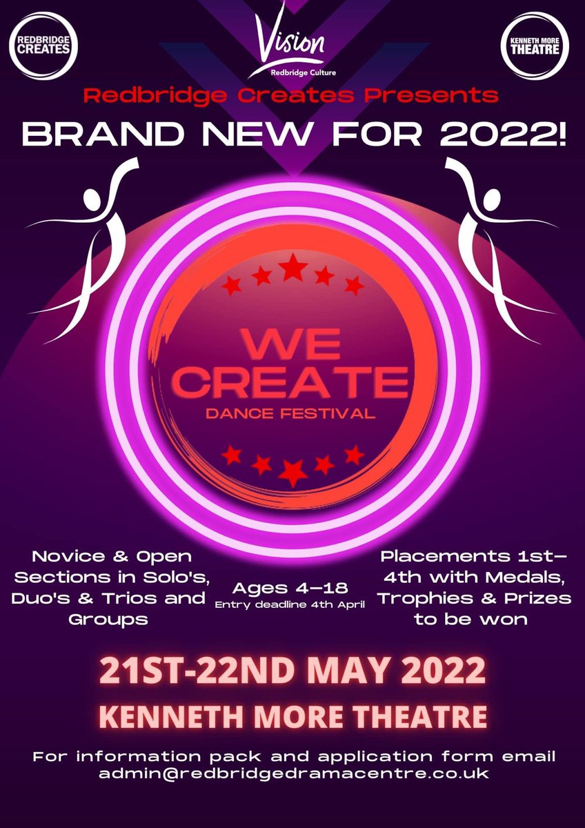 ✨Redbridge Creates Presents WE CREATE Dance Festival✨

We are so excited to launch this event taking place this Summer! 

Please get in touch for more information and entry packs. 

•21st-22nd May - Kenneth More Theatre, Ilford London 
•closing date for entries 4th April