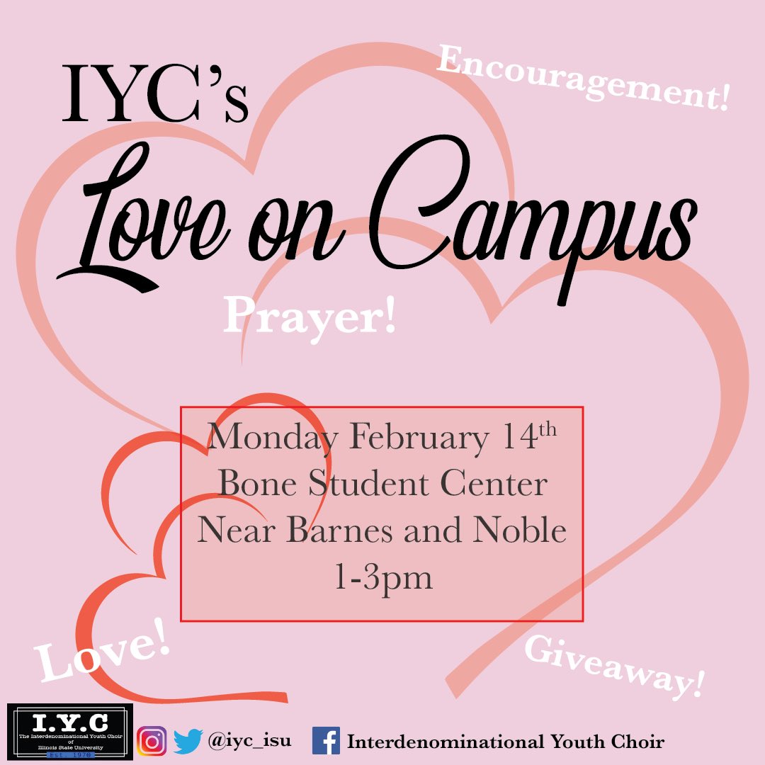 IYC_ISU's tweet photo. Come out to IYC’s Love on Campus for love, encouragement, and prayer! Monday, February 14th from 1-3pm in the Bone Student Center. There will also be a giveaway! We hope to see you there! 💙 https://t.co/UCfvAaNktJ